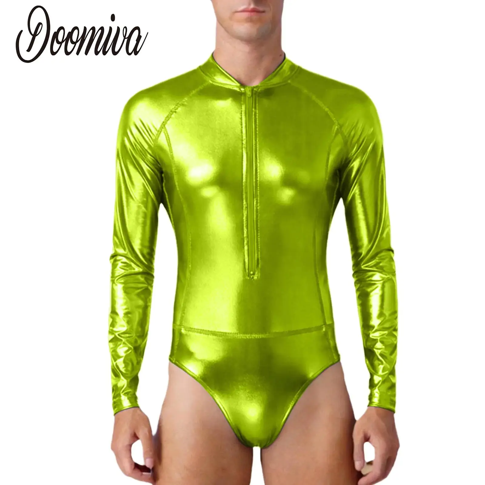 

Men Metallic Club Pole Dance Bodysuit Workout Front Zipper Long Sleeve One-piece Bodycon Leotard for Nightclub Jazz Dancewear