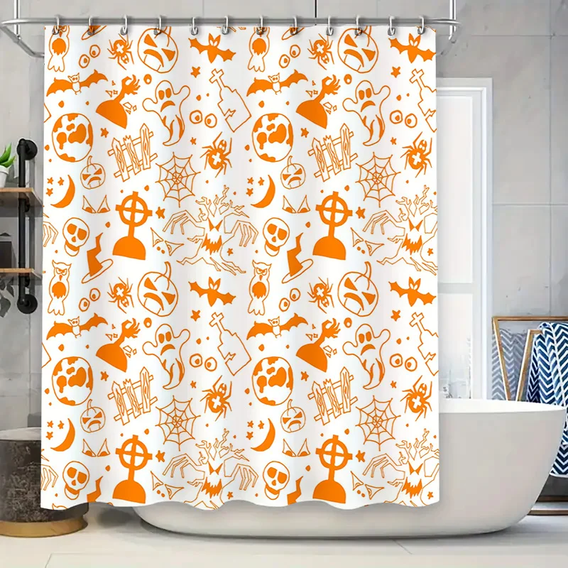 Halloween-themed shower curtain with spooky orange designs suitable for haunted house decoration during October celebrations wat