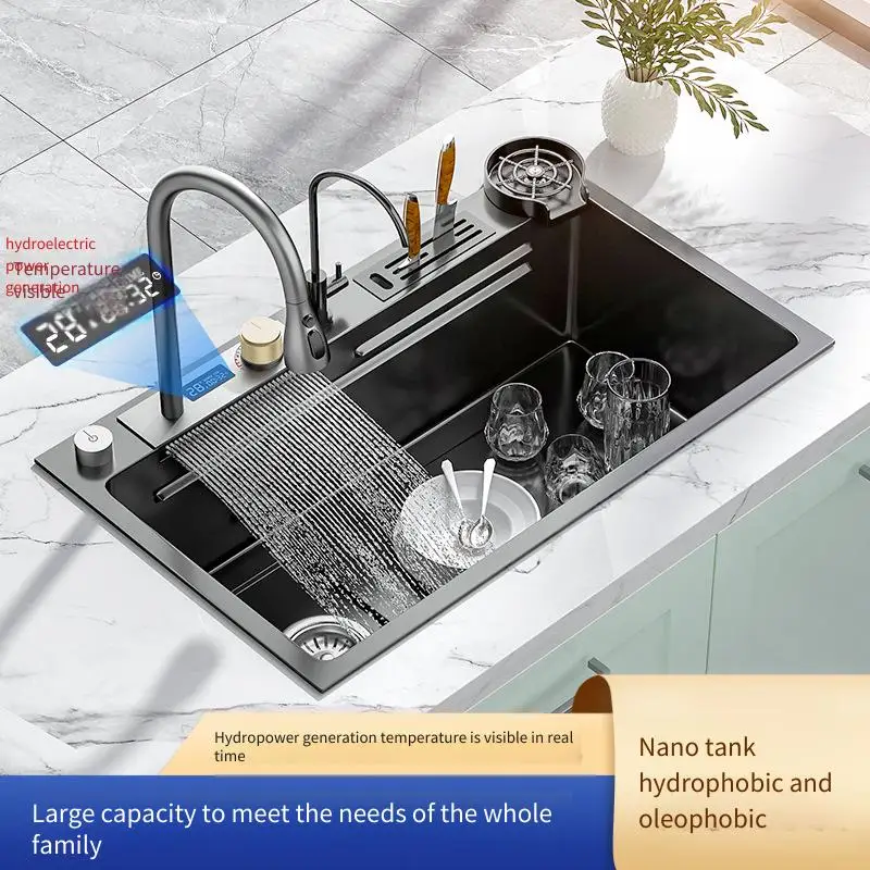 

Digital Display Feiyu Waterfall Sink 304 Stainless Steel Kiten Wash Basin Household Dishwasher Sink Left Side Single Sink