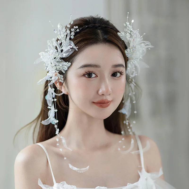 ผ้าโพกศีรษะเจ้าสาวสไตล์เกาหลีเงาพู่กิ๊บติดผม Super Mori สไตล์เส้นด้ายผ้าโพกศีรษะดอกไม้คลิปด้านข้างอุปกรณ์เสริมชุดแต่งงาน