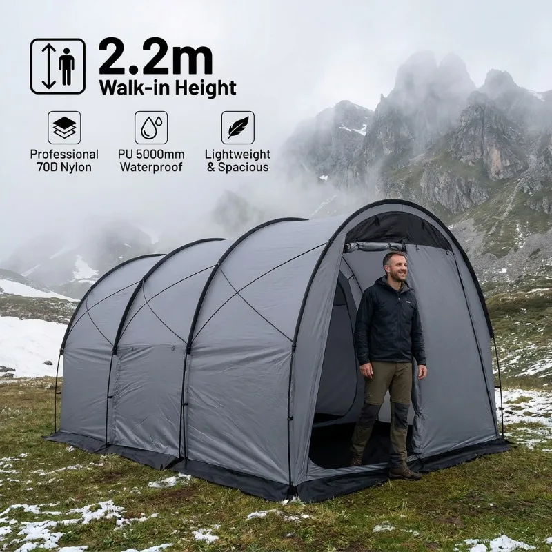 

Airo Professional 4-6 Person 70D Ripstop Nylon Tunnel Tent PU5000mm Waterproof 2.2m Standing Height Family Camping Tent & Snow