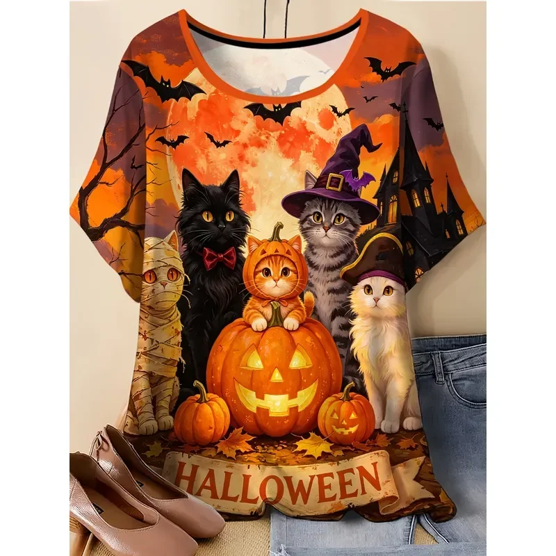 Women T Shirt Graphic Print Round Neck Short Sleeve Loose Casual Fit Cute Cat Mummy Pumpkin Castle Halloween Holiday Top