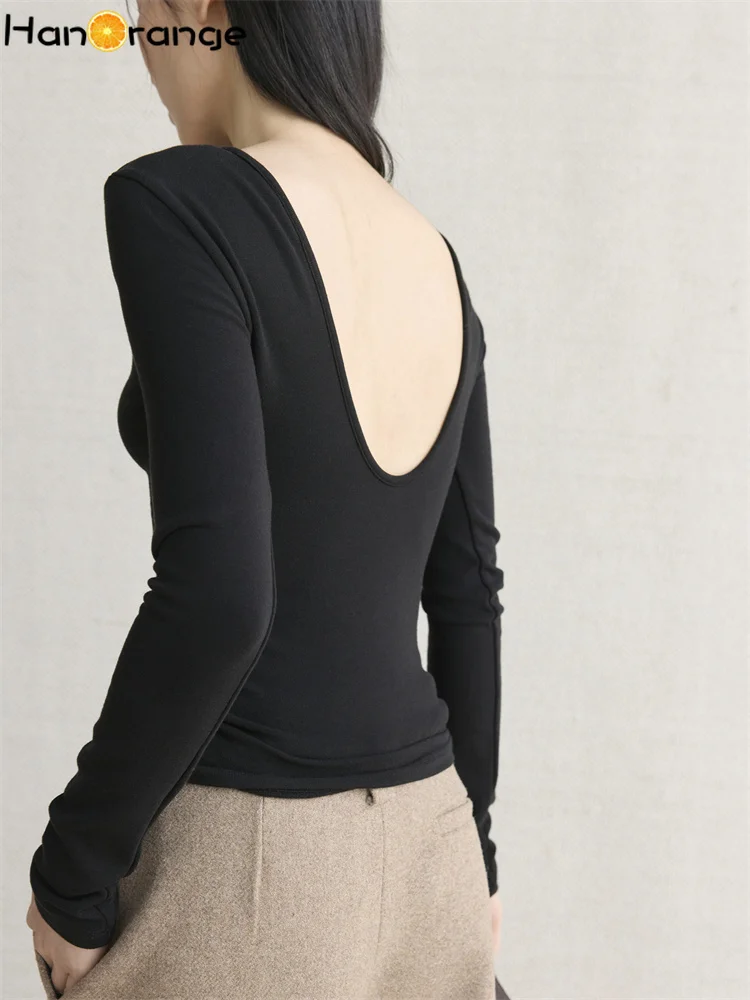 

HanOrange 2025 Winter Fashionable Lazy Deep U Backless Long Sleeve T-shirt Slim Skin Friendly Top Tees Black