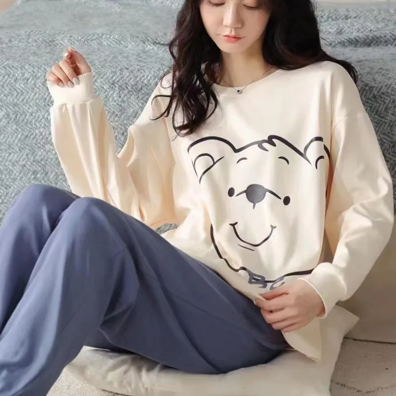 Damen-Pyjama in Übergröße, langärmelig, Seide, Cartoon-Studenten, Homewear, zwei Sets, Rundhals-Tops und Hosen, Nachtwäsche, Loungewear – Detail 4