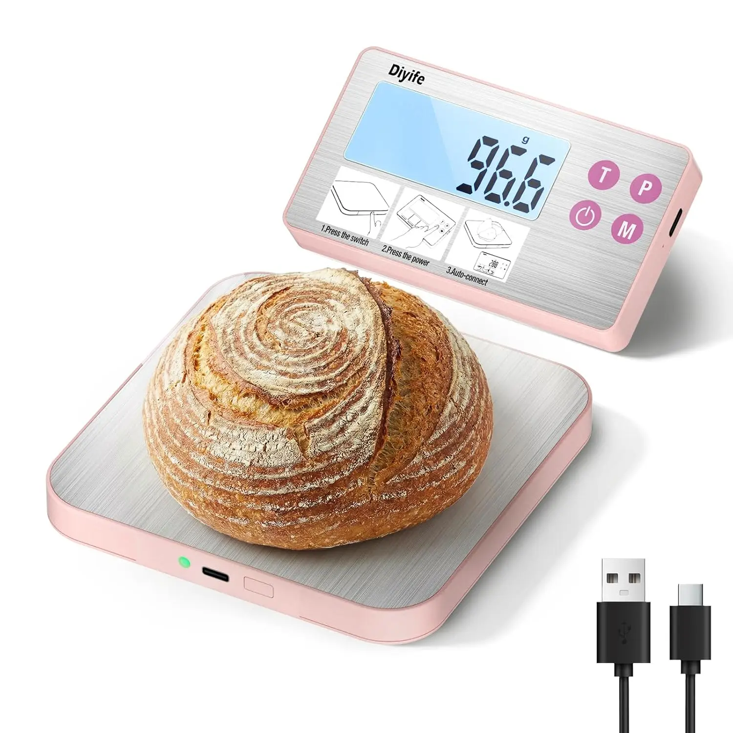 33lb Rechargeable Kitchen Scale, 304 Stainless Steel Food Scale with Detachable Display, 1g/0.1oz Precise Graduation, Magnetic, Backlit LCD, Tilt Stand for Baking Cooking Meal Prep Pink