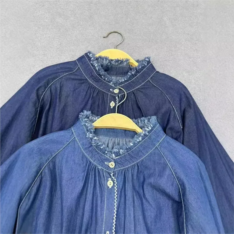 Johnature Fall 2024 New Casual Lace Denim Shirts Ruffles Collar Loose Simple Vintage Denim Thin Shirts