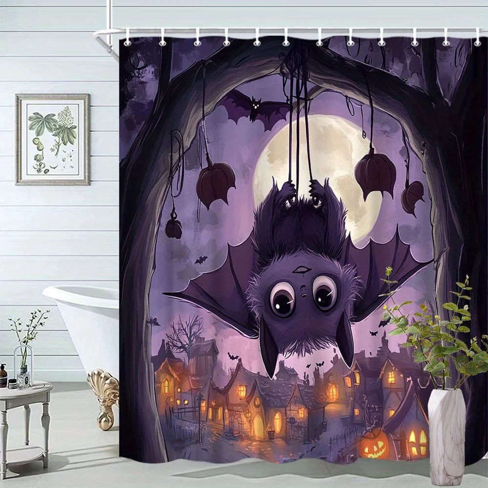 Halloween Bat Shower Curtain Humorous Landscape Pattern Bathroom Decor Polyester Fabric