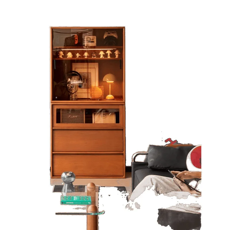 

Medieval bookcase with glass door, dining side cabinet, retro living room, solid wood furniture storage combination