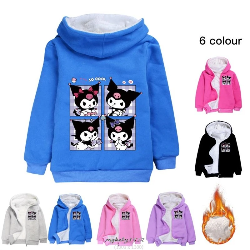 Cute Lovely Kuromi Melody Winter Costume Kids Thicken Fleece Hooded Jacket Toddler Girls Outfits Baby Boys Warm SportSuit