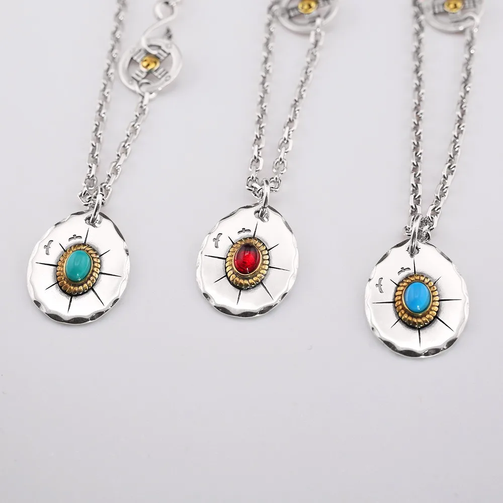 Vintage Craftsmanship Turquoise Round Pendant Japanese Versatile Men's and Women's Necklace