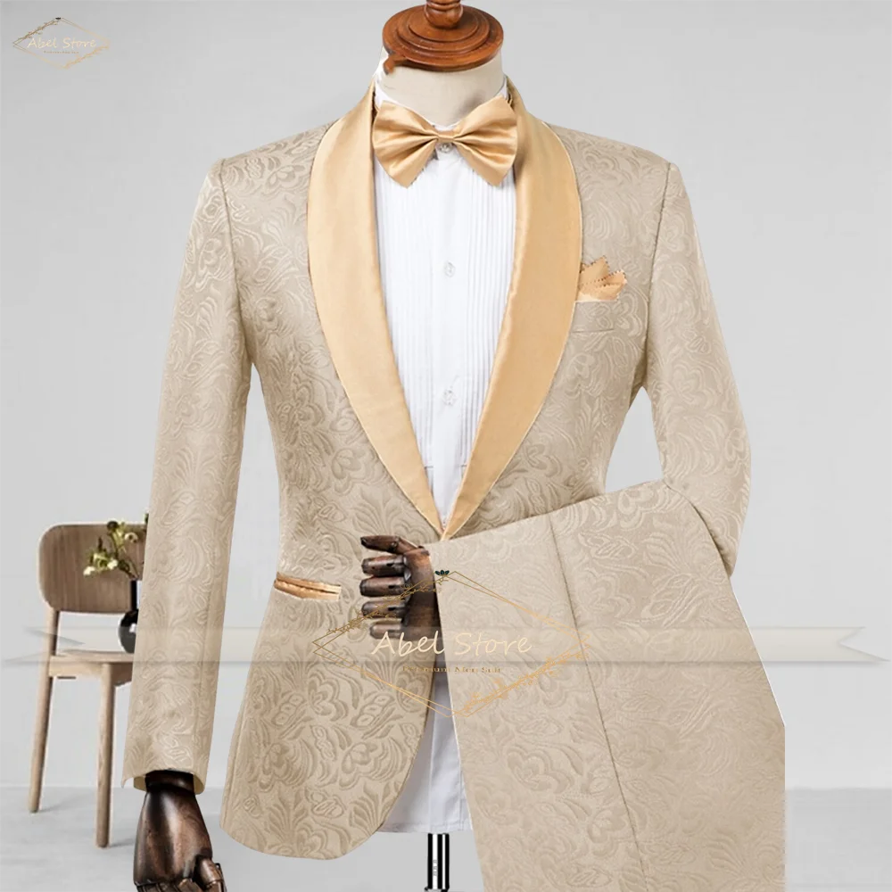

Men's shawl collar jacquard fabric jacket and pants 2-piece set custom wedding party elegant formal occasion slim fit suit