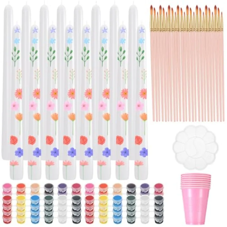 

Набор для вечеринки с краской для свечей, 64 шт., включает 16 белых конических свечей, 24 кисти для рисования, 8 наборов по 12 цветов, пигменты, каждый по 8 лотков для рисования