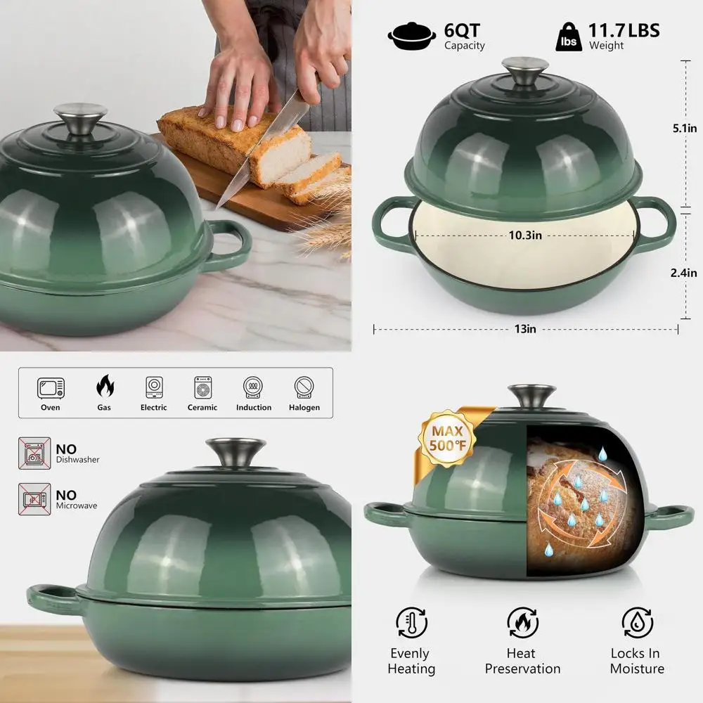 

Чугунная эмалированная кастрюля, 6 кварт, зеленая, идеально подходит для приготовления на закваске, запекания, тушения и супов