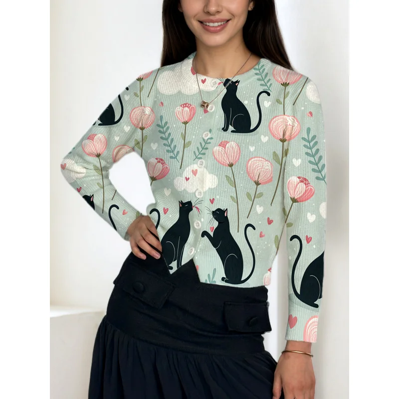 

Black Cat Xiao Hua Digital Print Women's Knit Cardigan Thick & Loose-Fit Crew Neck Long Sleeve Autumn/Winter Casual Style