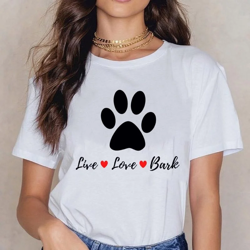 Funny Dog Print Live Love Bark Graphic Print T-Shirt Women's Fashion Personalized Creative Dog Paw Print Shirt T-Shirt Tops