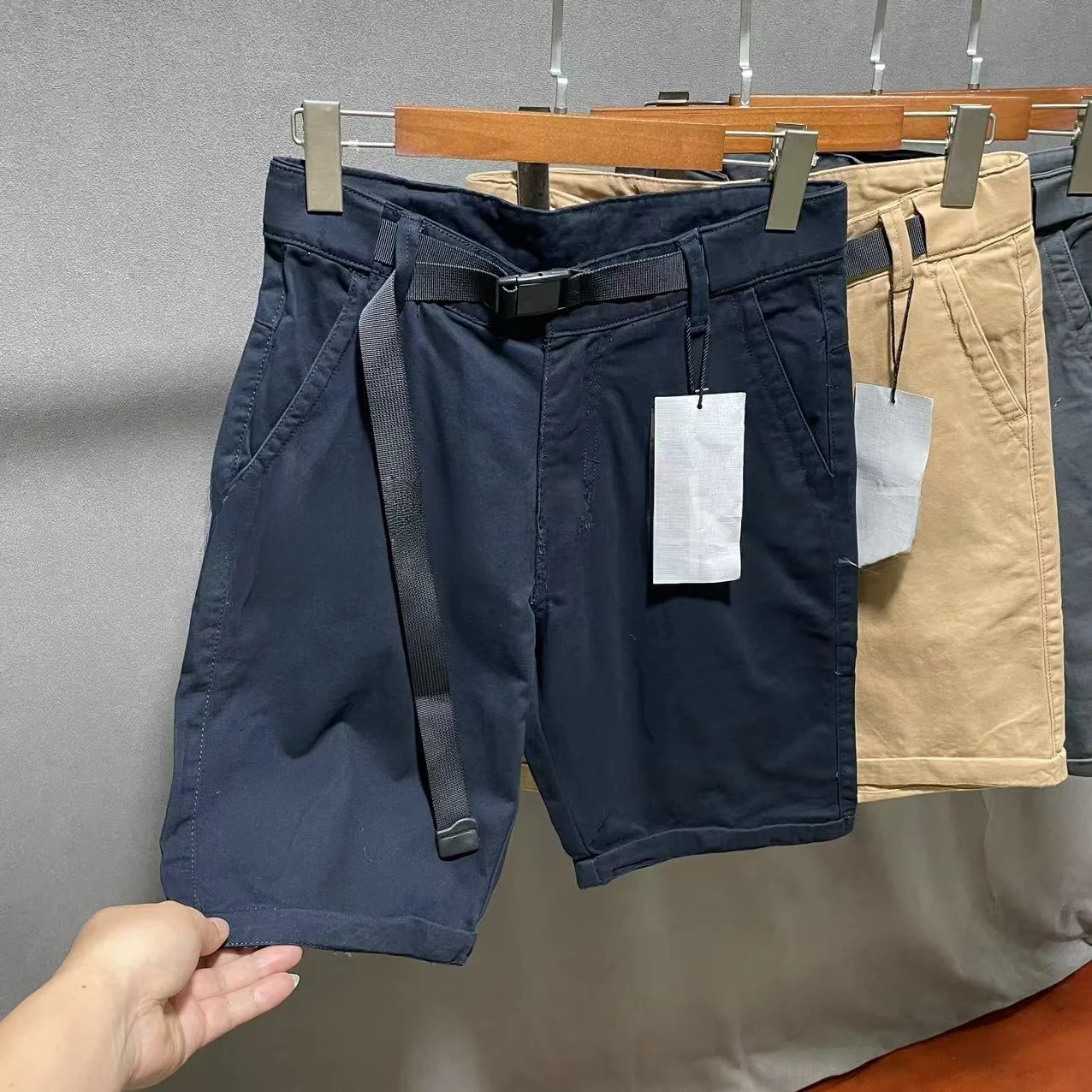 

Summer New Men's Slim Straight Workwear orts Pure Cotton Non-Elastic Belt Five-Quarter Pants Internet Celebri Casual Trou...