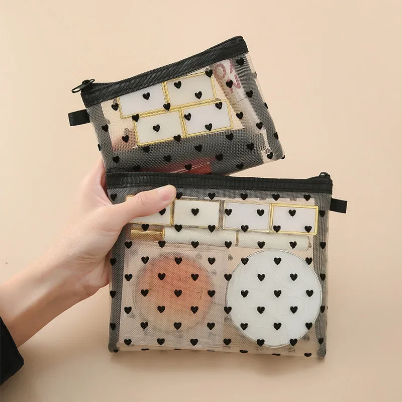 Small Heart-Shaped Mesh Cosmetic Pouch Lipstick Makeup Data Cable Storage Bag Compact Portable for Business Trips and Travel