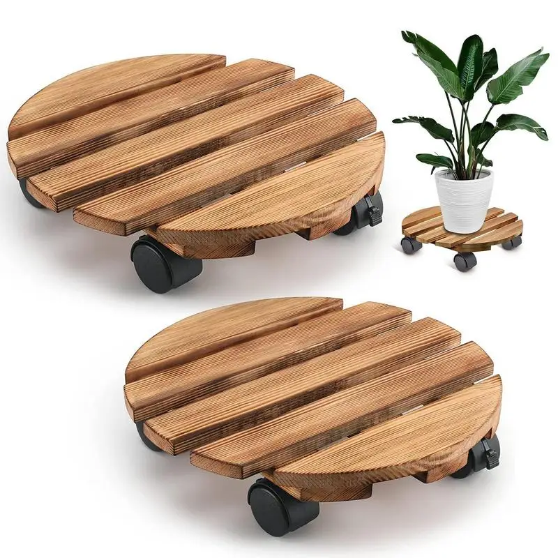 Rolling Flower Pot Display Stand Planter Base With Wheels Wooden Plant Holder Stand Round Pot Holder Indoor Outdoor Home Decor