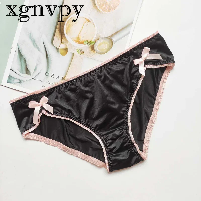 xgnvpy Luxury Bow Women\'s Underwear Vintage Solid Satin Cotton Seamless Briefs Sexy Panties Thongs Feminine Lingerie Lacy