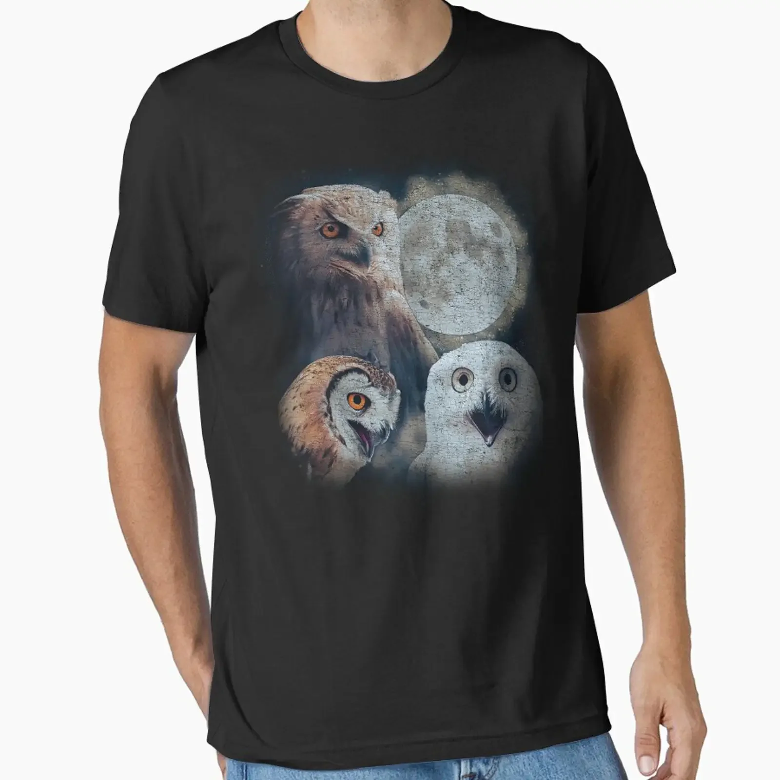 Vintage Three Owls With Moon Funny T shirt 90s Retro Silly Owl Nature Y2K Casual Weird s vintage Washed Top For Everyday Wear
