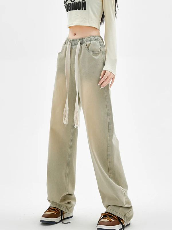 

Мужские джинсы прямого кроя с эффектом потертости, на шнурке, в стиле американского хип-хопа, молодежная мода