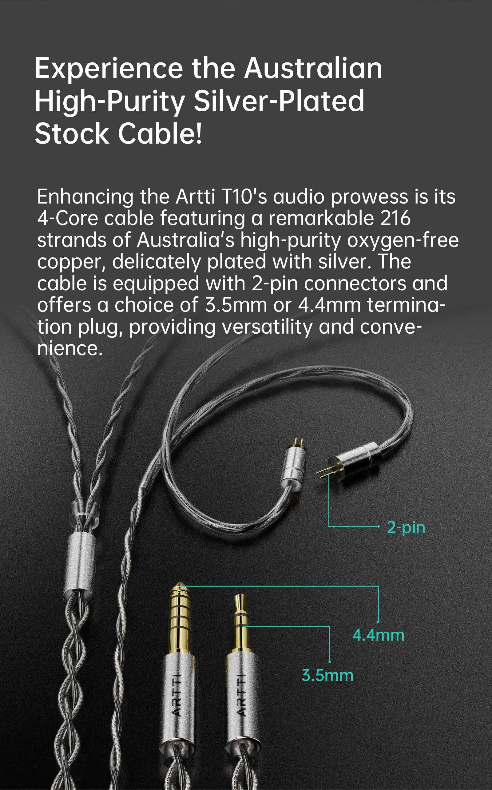 ARTTI T10 In-Ear Hi-Fi-Kopfhörer, kabelgebundene IEMs, Monitore, 14,2-mm-Planartreiber, strukturierter Bass, 0,78-mm-2-Pin- & 3,5-mm/4,4-mm-Anschluss – Detail 4