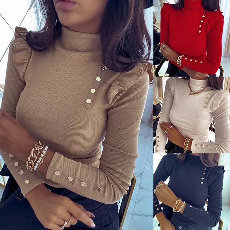 Sweater Turtleneck Fashion Atasan Rajut Jumper Wanita Ramping Solid Kancing Musim Dingin Sweater Wanita Tanpa Kancing Lengan Panjang Ruffle 12587