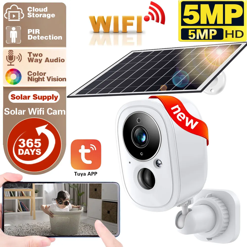 

5MP Tuya Smart Life WiFi Solar Rechargeable Battery Infrared Motion Outdoor PIR Wireless Audio Sound Alarm Security Siren Camera