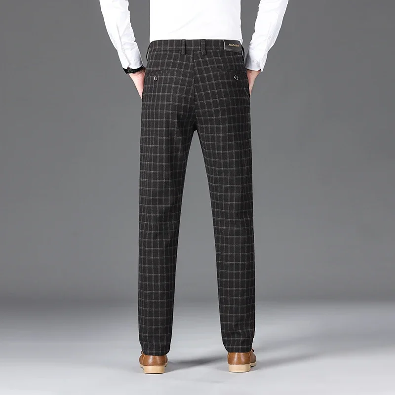 Autumn New British Style Men's Trousers Classic Plaid Business Slim Straight Elastic Casual Pants Brand Clothes Black Gray Blue
