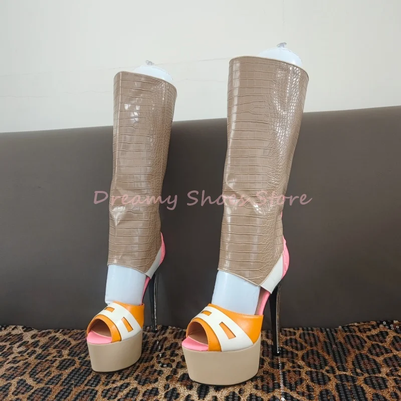 

Patchwork Snakeskin Platform Stiletto Knee High Boots Women Open Toe Hollow Slip On Long Boots Fashion Trendy Party Runway Shoes