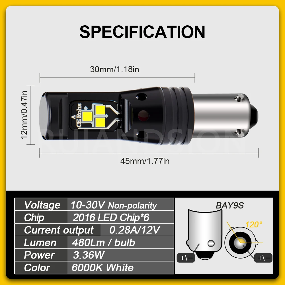 0.36A High Power Canbus Error Free BA9S T4W BAX9S H6W BAY9S H21W LED Reverse Parking Side License Plate Lights White AC 12-24V
