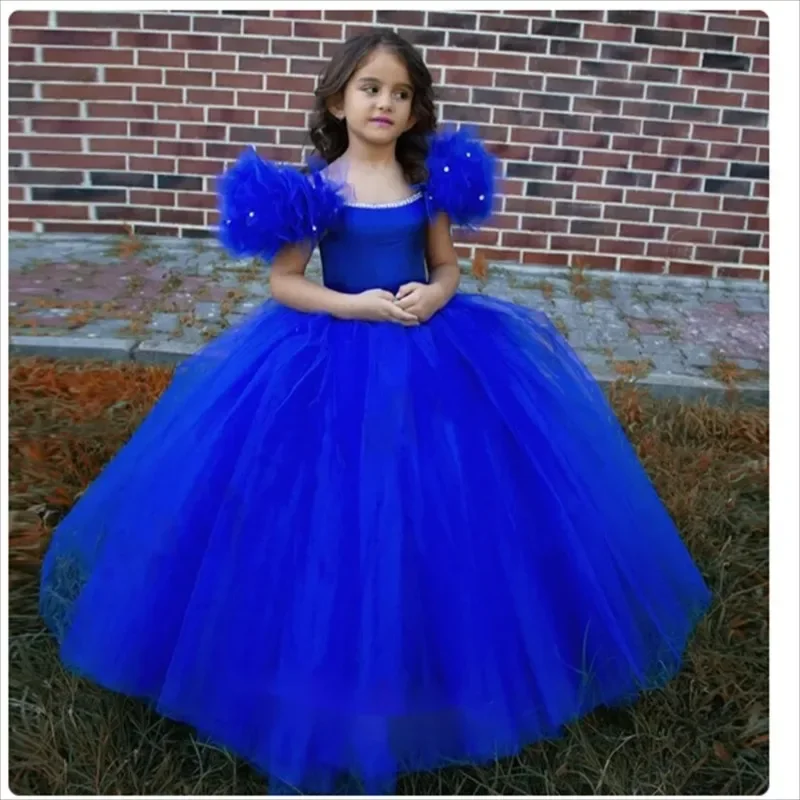 

Royal Blue Flower Girl Dress Princess A-line Beaded Puffy Sleeves Little Girl Kids Wedding Birthday Party Prom Holiday Dress