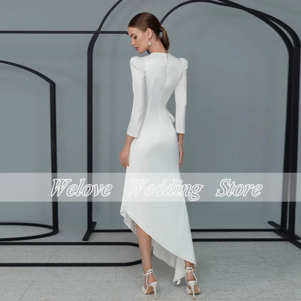 Modern Asymmetrical Side Slit Wedding Dress O Neck With Long Sleeve Zipper Back Unique Bridal Gown For Woman Party Vestido Novia