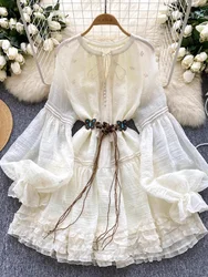 France Elegant Vintage Palace Evening Dress Women Embroidery Ruffle Flounce Party Dress Female Casual Beach Vacation Clothing