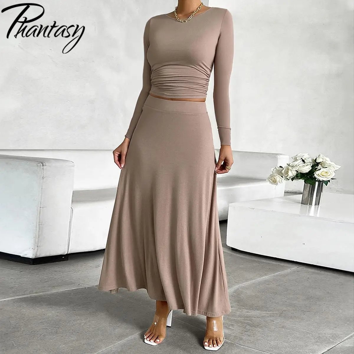 

Phantasy Women Skirt Suit 2024 Autumn Solid Dress Long Sleevd Tops Set Slim A-Line Dress Up Fashion Streetwear Female Clothing