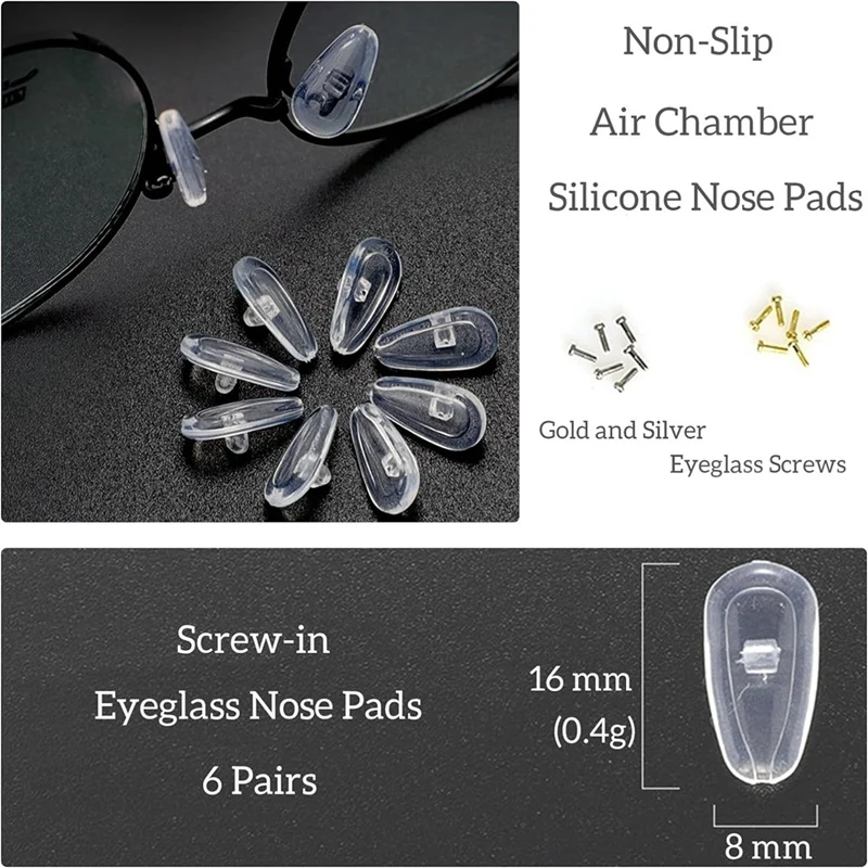 12 Pairs Of Soft Jelly-Like And Air Chamber Silicone Nose Pads Screw-In Glasses Nose Pads With Gold And Silver Screws Durable