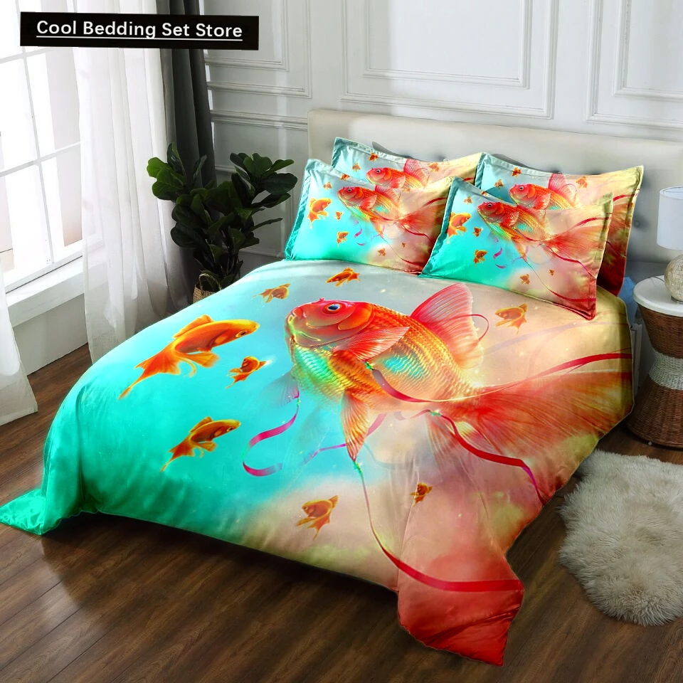 Goldfish Duvet Cover King/Queen Size Golden Red 3D Animal Bedding Set for Kid Teen Adult,Fish Themed Quilt Cover with Pillowcase