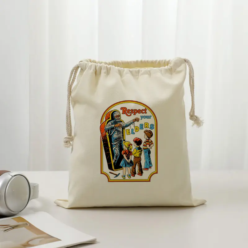 Gothic Retro Mummy Drawstring Candy Bag Respect Your Elders Vintage Comic Print Portable Trick or Treat Sweet Storage Pouch