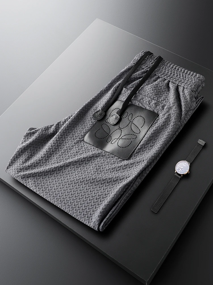 

Модные легкие люксовые синие мужские летние тонкие дышащие спортивные брюки slim fit для молодежи, повседневные брюки с карманами