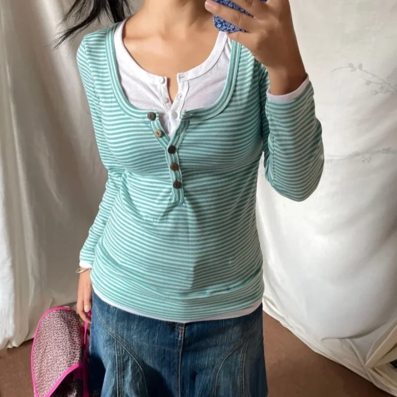 

Subculture y2k Retro Spicy Girl Stripe Fake Two piece Long sleeved T-shirt Spring and Autumn Trend Slimming Women's Top