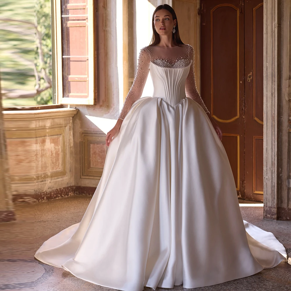 

Мечтательное атласное свадебное платье с длинными рукавами, элегантное свадебное платье со шлейфом и круглым вырезом по индивидуальному заказу, нежный жемчуг, трапециевидное платье Robe de mariée