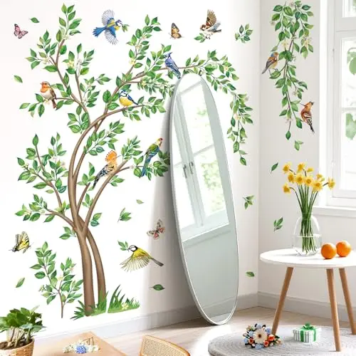 Large Green Tree Bird Wall Decals Flying Leaves Hanging Vines Birds Wall Stickers Bedroom Living Room Sofa TV Background Decor