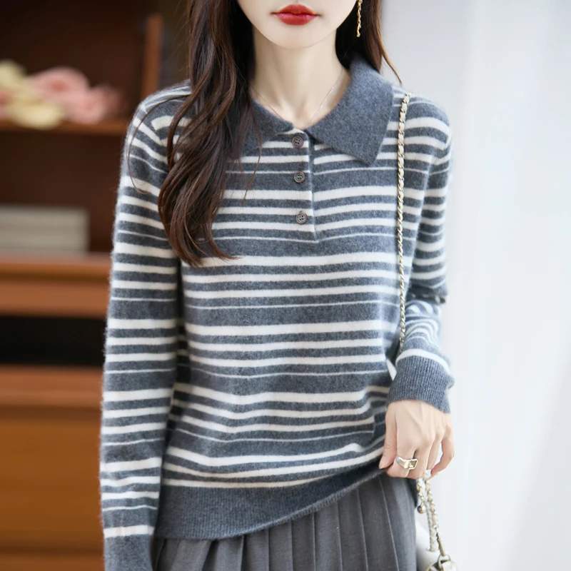 Autumn Winter New Arrival Women's Merino Wool Pullover Sweater Polo Collar Stripe Print Retro Refined Long Sleeve Knit Top