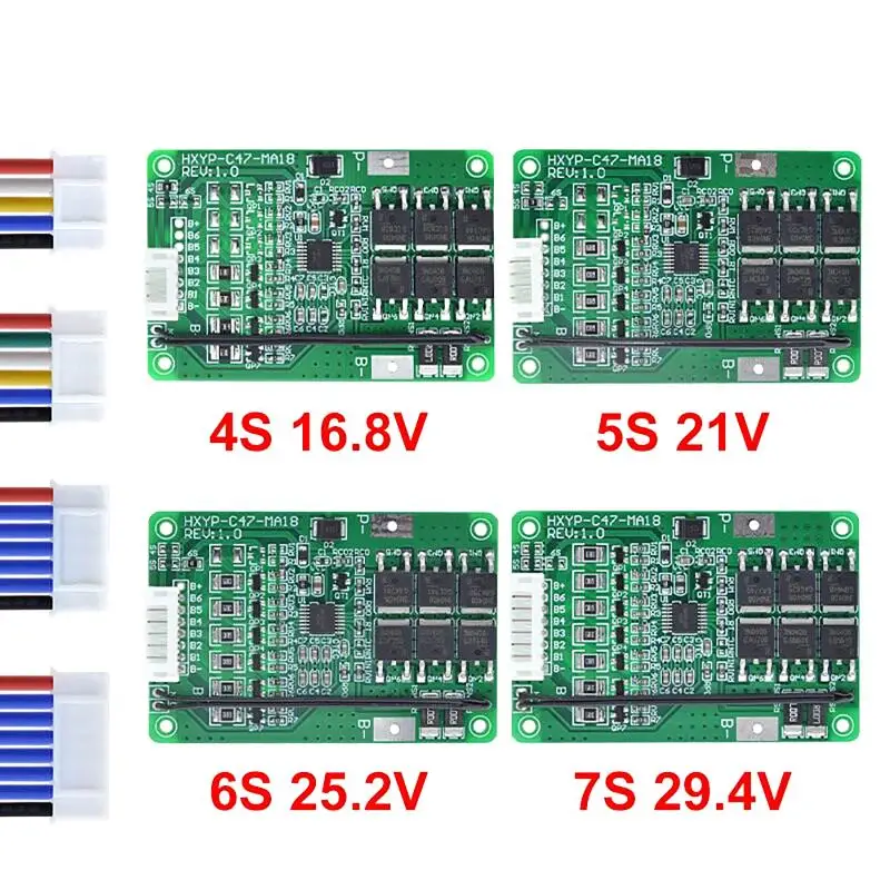 

1 Set 16.8V-29.4V 18A Balance 4S/5S/6S/7S Voltage Range 18650 Li-ion BMS Protection Board For LMO/Ternary Lithium Batteries