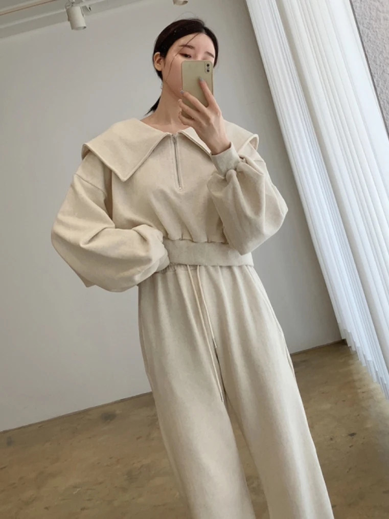 

Faionable Loose ort Sweatirt And Pants Set for Women with Large Collar Casual Dstring Design Anti-Aging