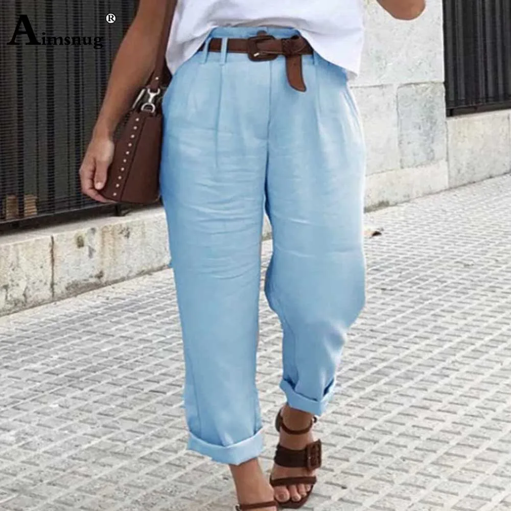 

Plus Size 3xl Women Straight Leg Pants 2023 New Summer Casual Stand Pocket Trousers Female Solid Blue Khaki Ankle-Length Pants