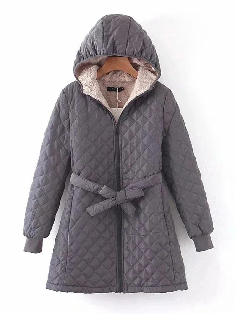 

Women Winter Coat 2022 New Hooded Cotton Parkas Lace Up Plaid Velvet Long Jacket Threaded Cuffs Warm Overcoat Female RE-6968