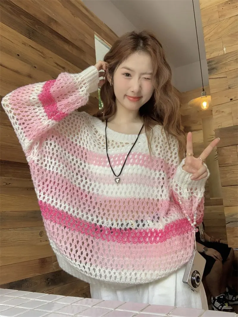 Pink Long Sleeve T-shirt Women Summer Thin Section Hollow Ice Silk Knit Sunscreen Coverall Korean Loose Tops Rainbow Stripes