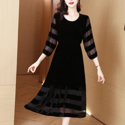 2023 New Silk Velvet Long Sleeve Dress Women's O-Neck Black Mesh Panel Hepburn Style Slim Sang Knee Length Dress