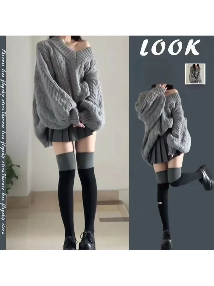 Autumn Winter Knitted V-Neck Sweater And Skirt Set Women's Fashion Lazy Style College Wind Two-Piece Ensemble Warm Thickened